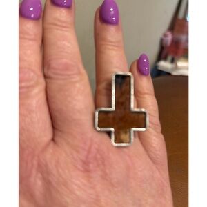 NWT! Silver Cross Ring with Brown cowhide stretch band